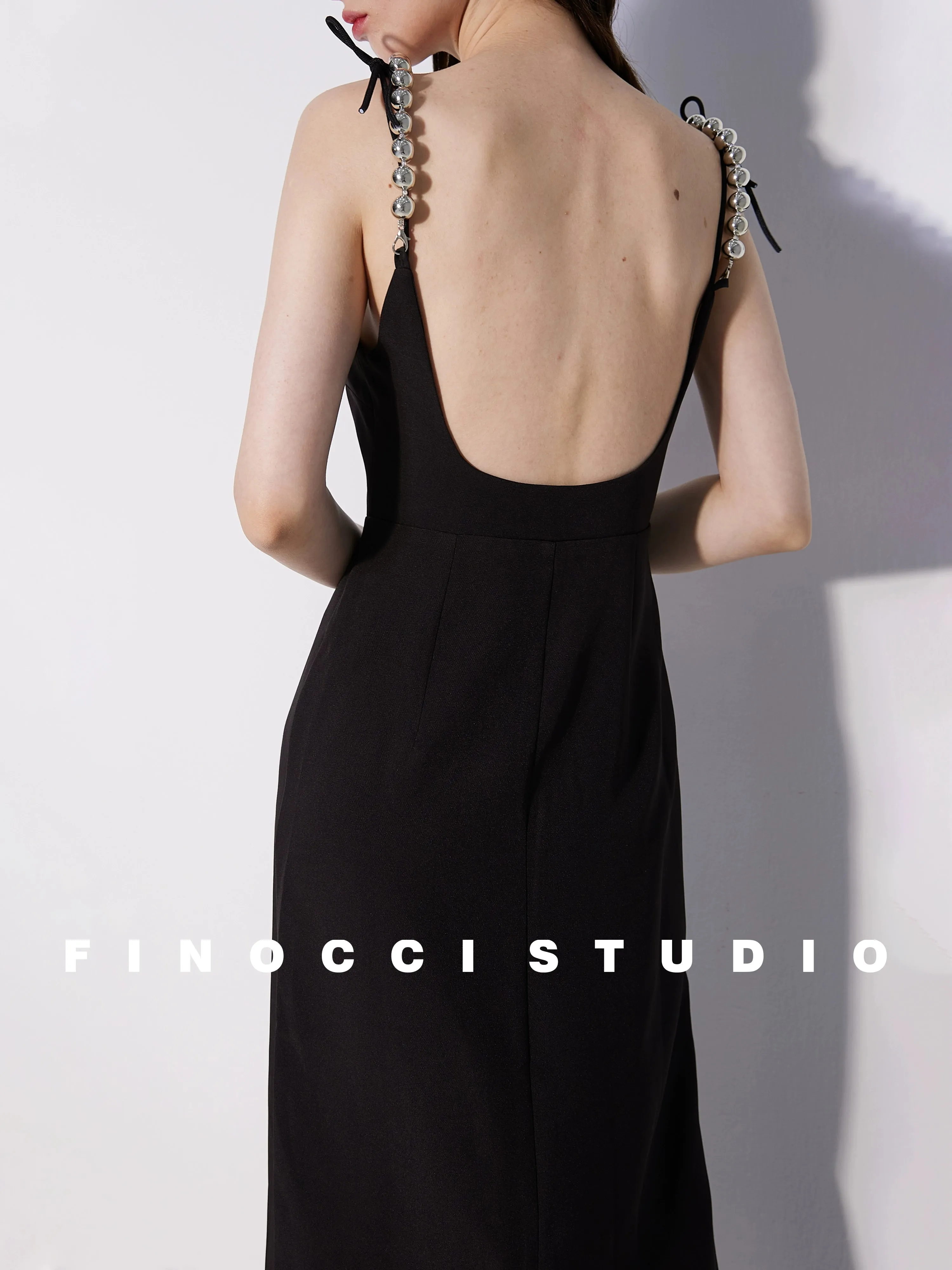 High-end luxury silver beaded satin dyed ostrich feather vintage backless black dress - Pavail
