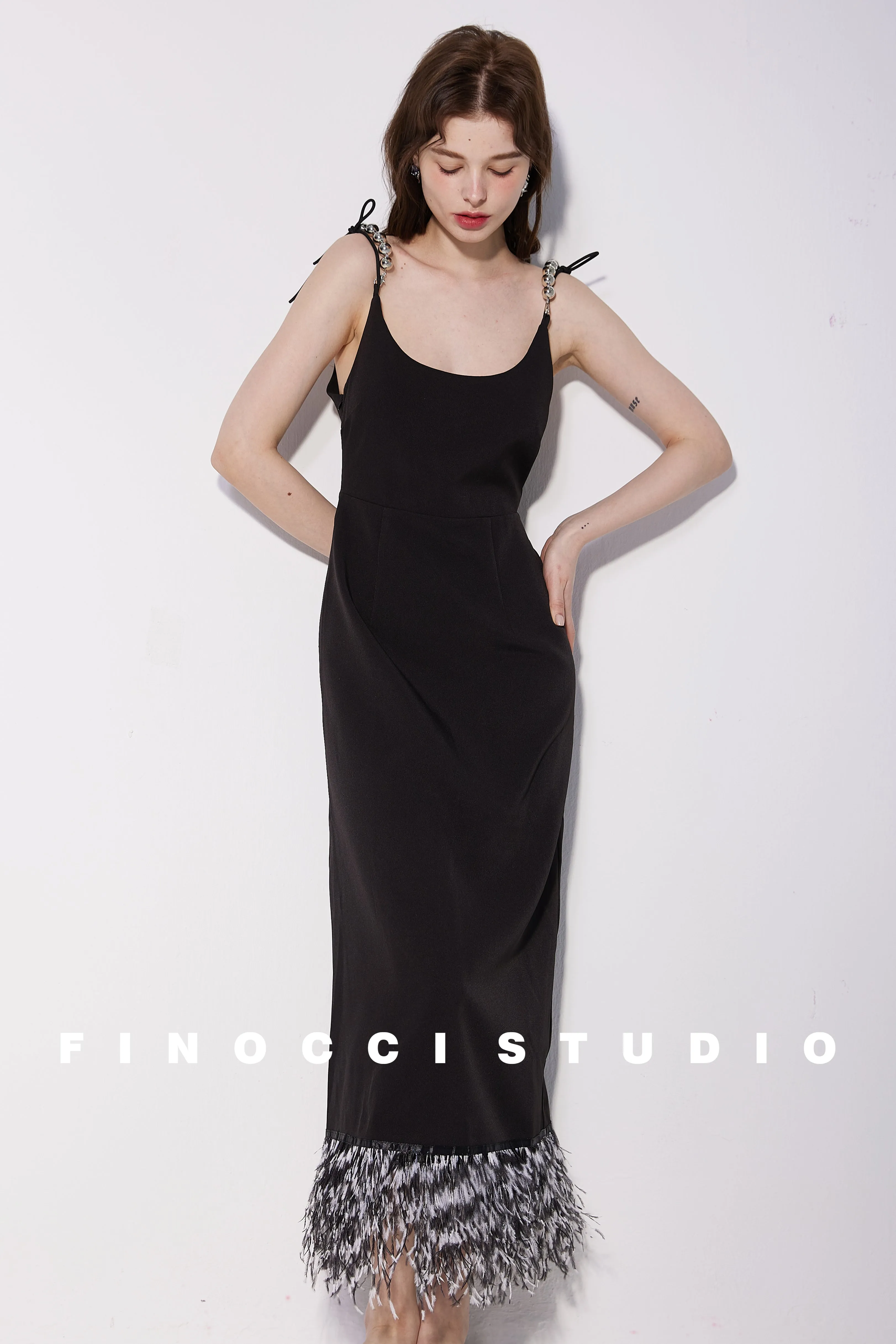 High-end luxury silver beaded satin dyed ostrich feather vintage backless black dress - Pavail