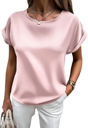 HOTOUCH Women's Short Sleeve Pullover Blouses Satin Silk Shirts Casual Loose Work Tunic Tops