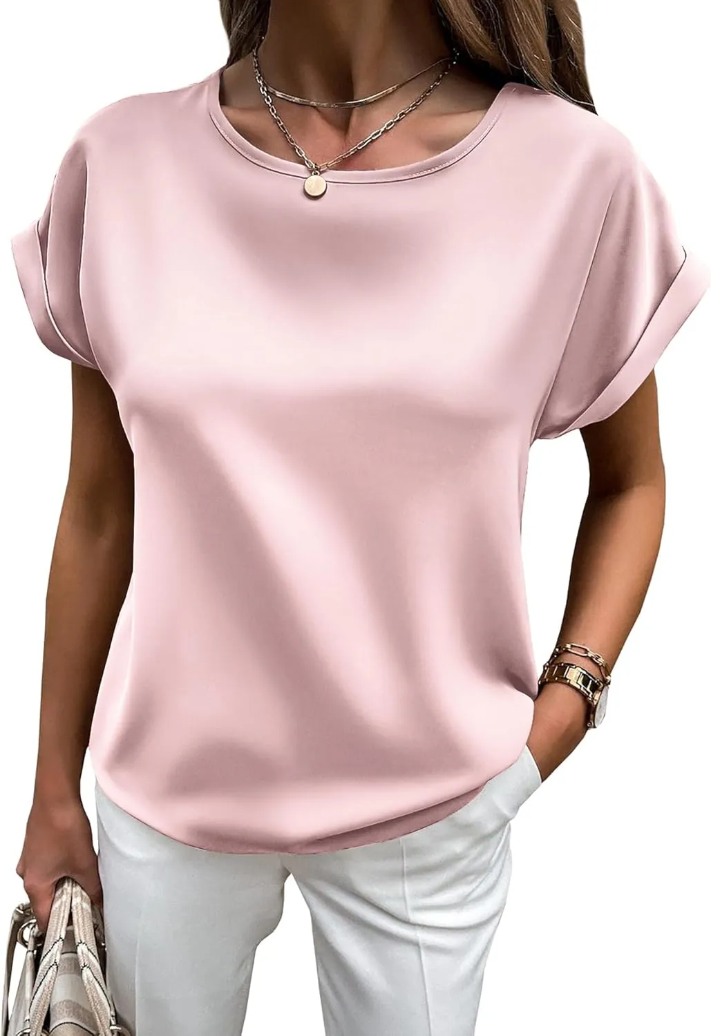 HOTOUCH Women's Short Sleeve Pullover Blouses Satin Silk Shirts Casual Loose Work Tunic Tops