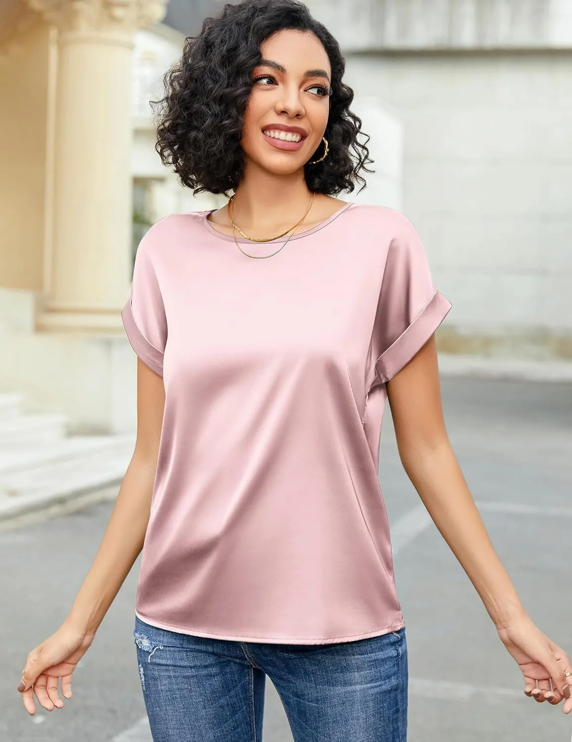 HOTOUCH Women's Short Sleeve Pullover Blouses Satin Silk Shirts Casual Loose Work Tunic Tops