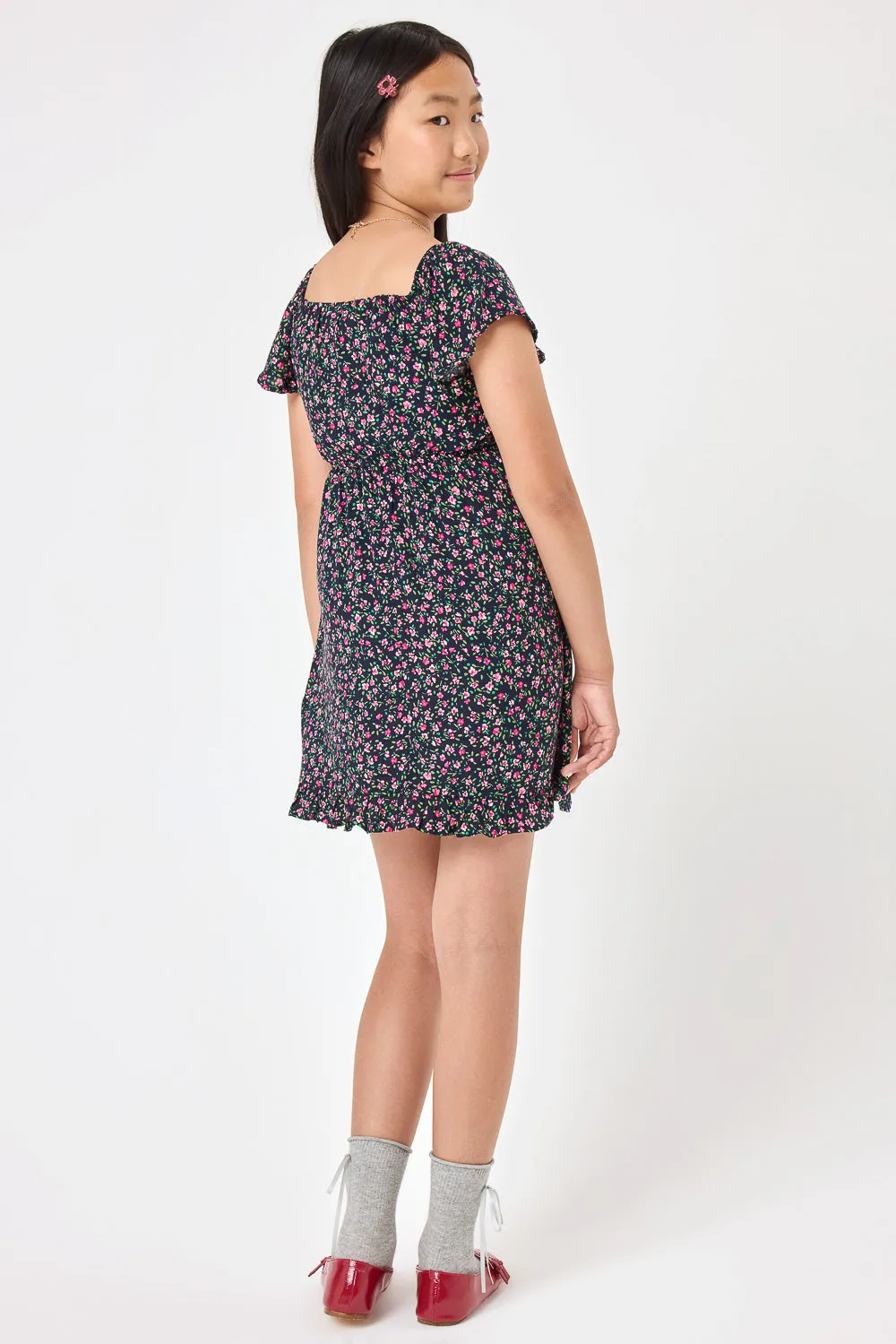 Kids Navy Floral Short Sleeve Smocked Dress