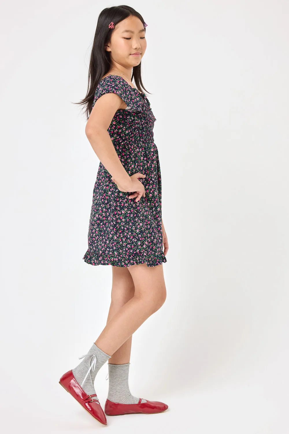 Kids Navy Floral Short Sleeve Smocked Dress
