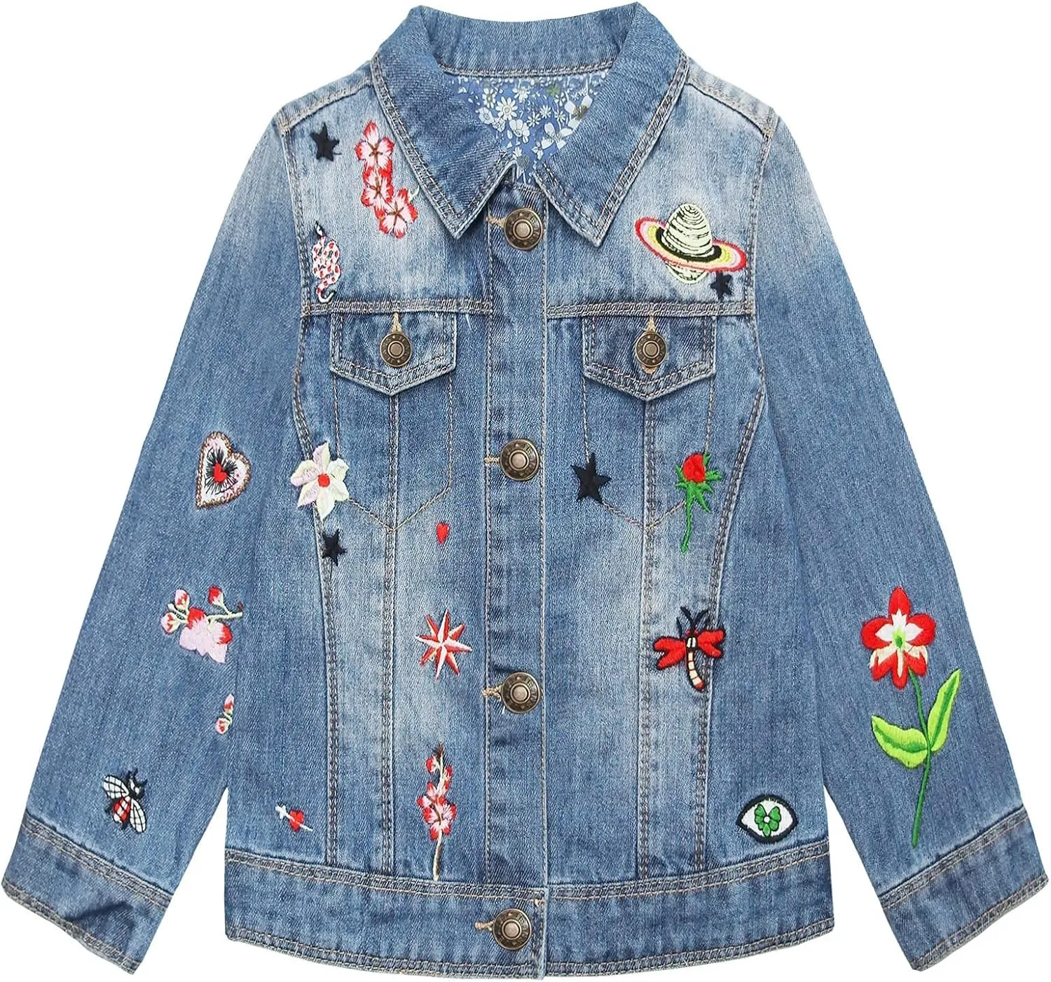 KIDSCOOL SPACE Little Girl Jean Jacket,Flower Embroidered Denim Outfits