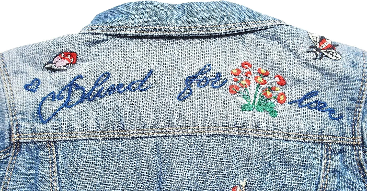 KIDSCOOL SPACE Little Girl Jean Jacket,Flower Embroidered Denim Outfits
