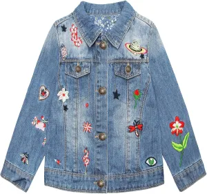 KIDSCOOL SPACE Little Girl Jean Jacket,Flower Embroidered Denim Outfits