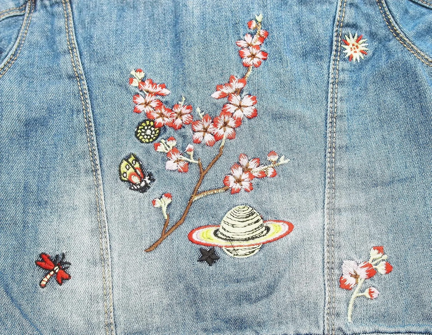 KIDSCOOL SPACE Little Girl Jean Jacket,Flower Embroidered Denim Outfits