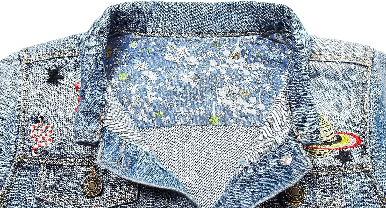 KIDSCOOL SPACE Little Girl Jean Jacket,Flower Embroidered Denim Outfits