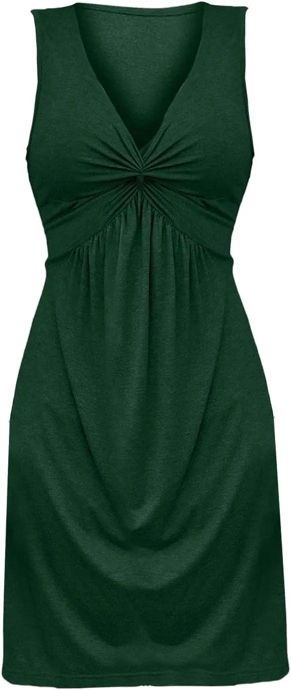 Knotted Front Dresses for Women V Neck Sleeveless Tank Dresses A Line Casual Sundress Vacasion Outfits