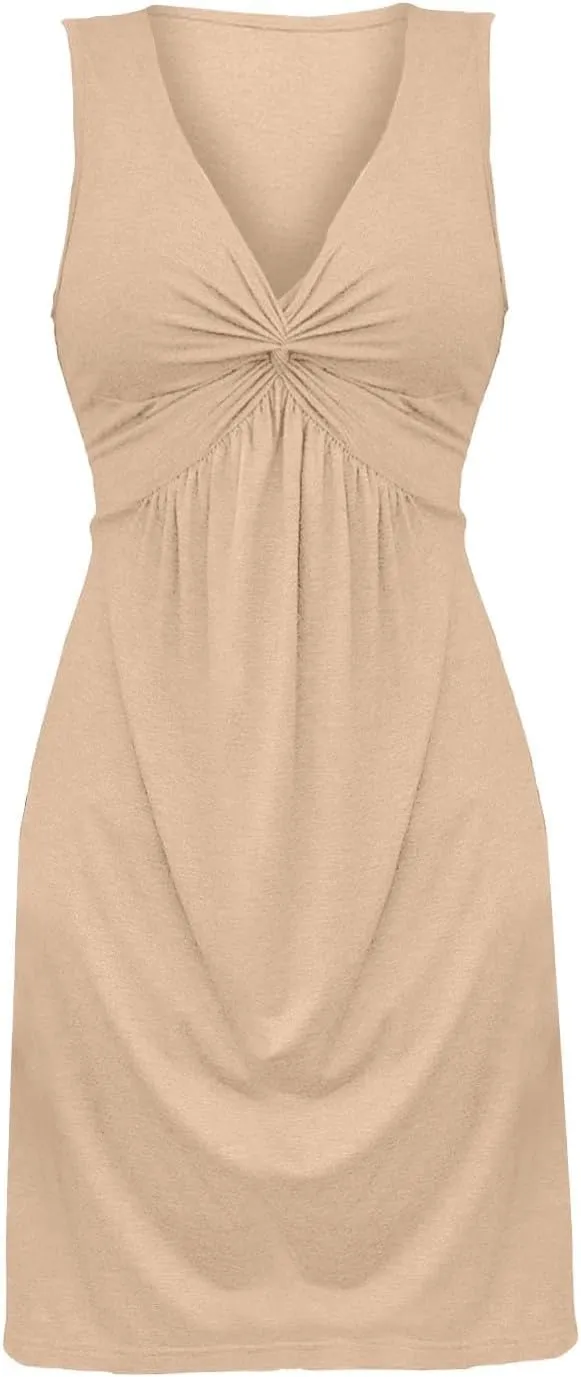 Knotted Front Dresses for Women V Neck Sleeveless Tank Dresses A Line Casual Sundress Vacasion Outfits
