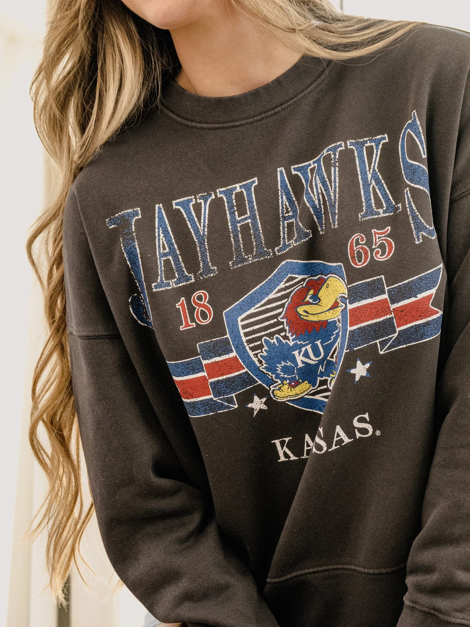 KU Jayhawks Pep Rally Black Oversized Crew Hi-Dive Sweatshirt