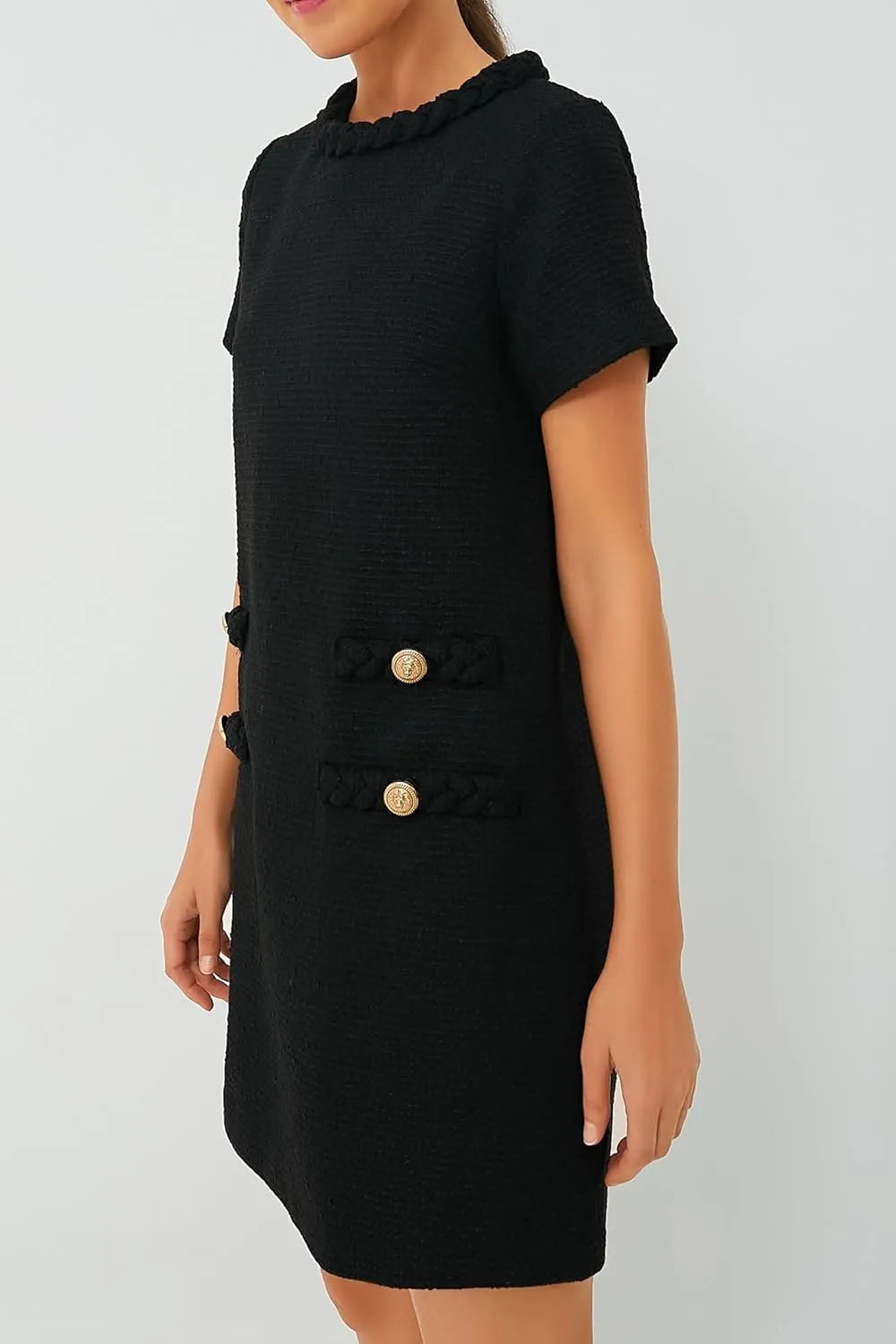 Ladyful Womens Tweed Jackie Dress Short Sleeve Elegant Crew Neck Business Party Vintage Button Bodycon Jackie Dress