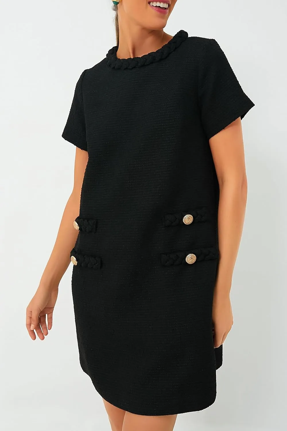 Ladyful Womens Tweed Jackie Dress Short Sleeve Elegant Crew Neck Business Party Vintage Button Bodycon Jackie Dress