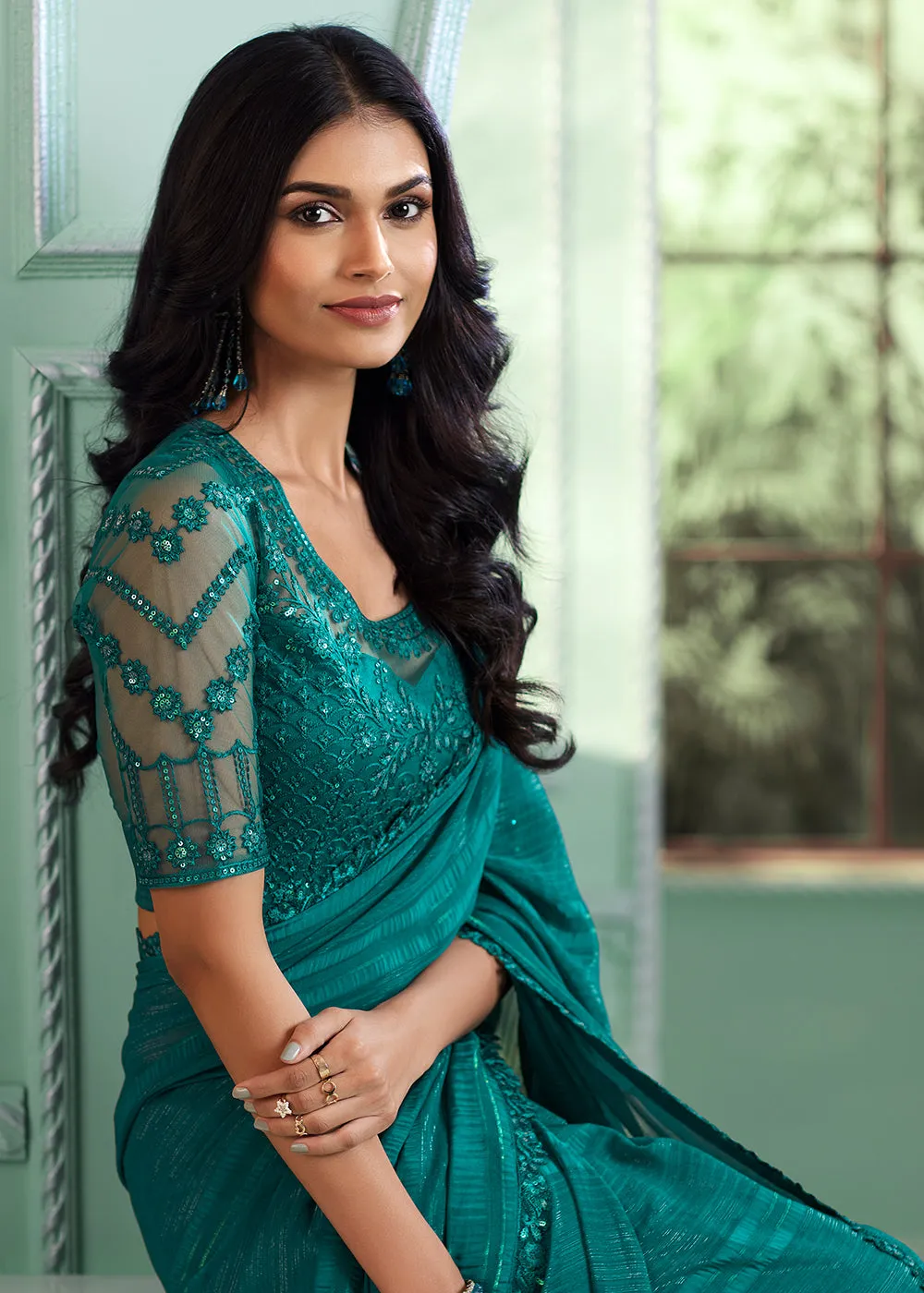 Lovely Teal Blue Chiffon Embroidered Wedding Party Wear Saree
