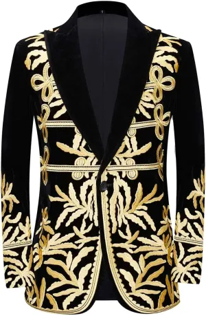 Mens Stylish Court Prince Black Velvet Gold Embroidery Blazer Suit Jacket