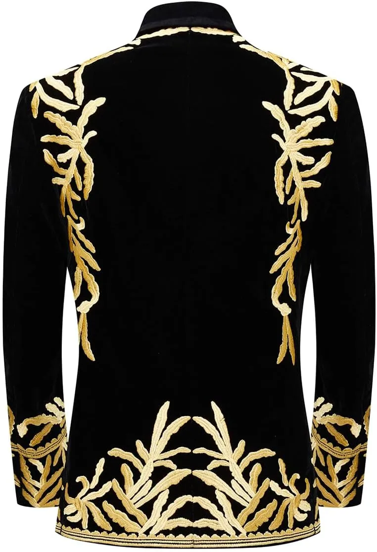 Mens Stylish Court Prince Black Velvet Gold Embroidery Blazer Suit Jacket