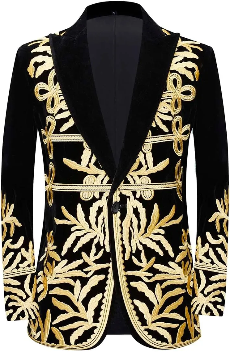 Mens Stylish Court Prince Black Velvet Gold Embroidery Blazer Suit Jacket