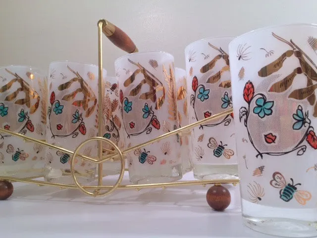 Mid-Century Mother Nature Glasses and Carrier (Set of 8 Glasses & Carrier)