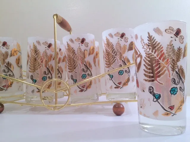 Mid-Century Mother Nature Glasses and Carrier (Set of 8 Glasses & Carrier)