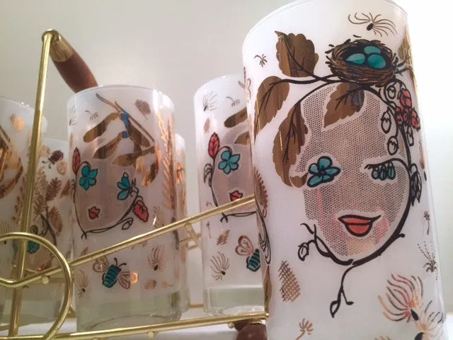 Mid-Century Mother Nature Glasses and Carrier (Set of 8 Glasses & Carrier)