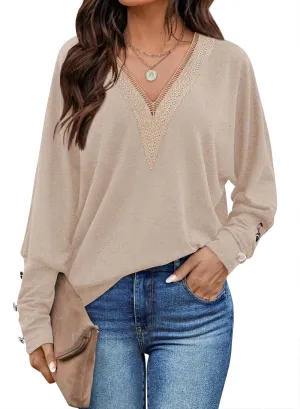 MIHOLL Womens Batwing Long Sleeve Tops Casual Lace V Neck T Shirts Oversized Loose Blouses