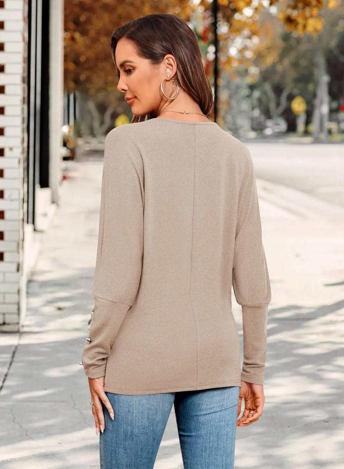 MIHOLL Womens Batwing Long Sleeve Tops Casual Lace V Neck T Shirts Oversized Loose Blouses