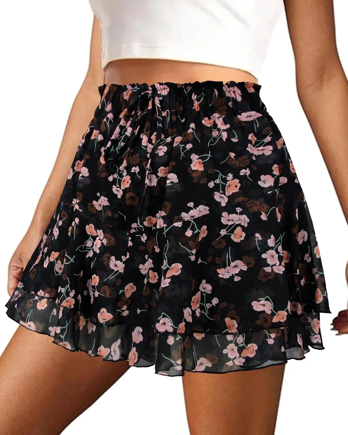 Mini Skirts for Women 2025 Casual Boho Floral Skorts Layered Hem A-Line Tennis Chiffon Shorts