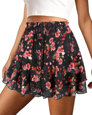 Mini Skirts for Women 2025 Casual Boho Floral Skorts Layered Hem A-Line Tennis Chiffon Shorts