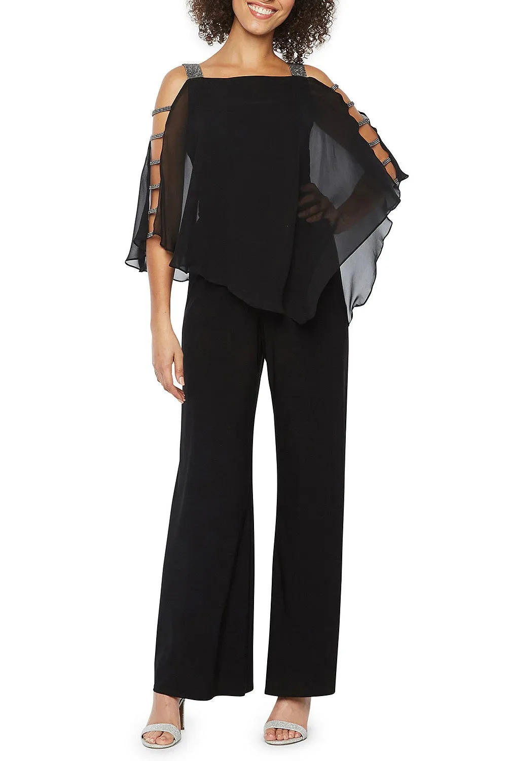 MSK Womens Chiffon Overlay Jumpsuit with Embellished Silver Trim