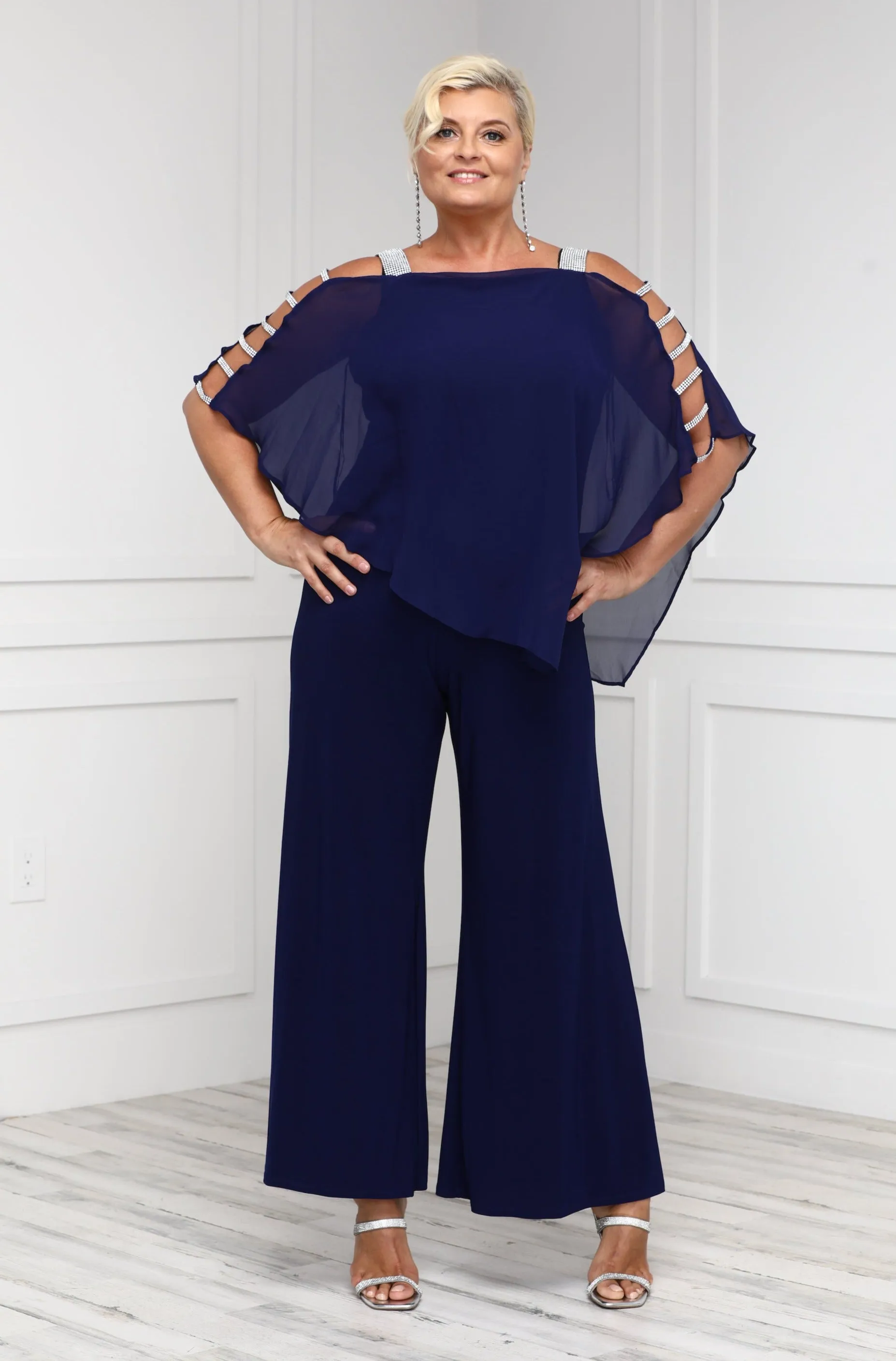 MSK Womens Chiffon Overlay Jumpsuit with Embellished Silver Trim