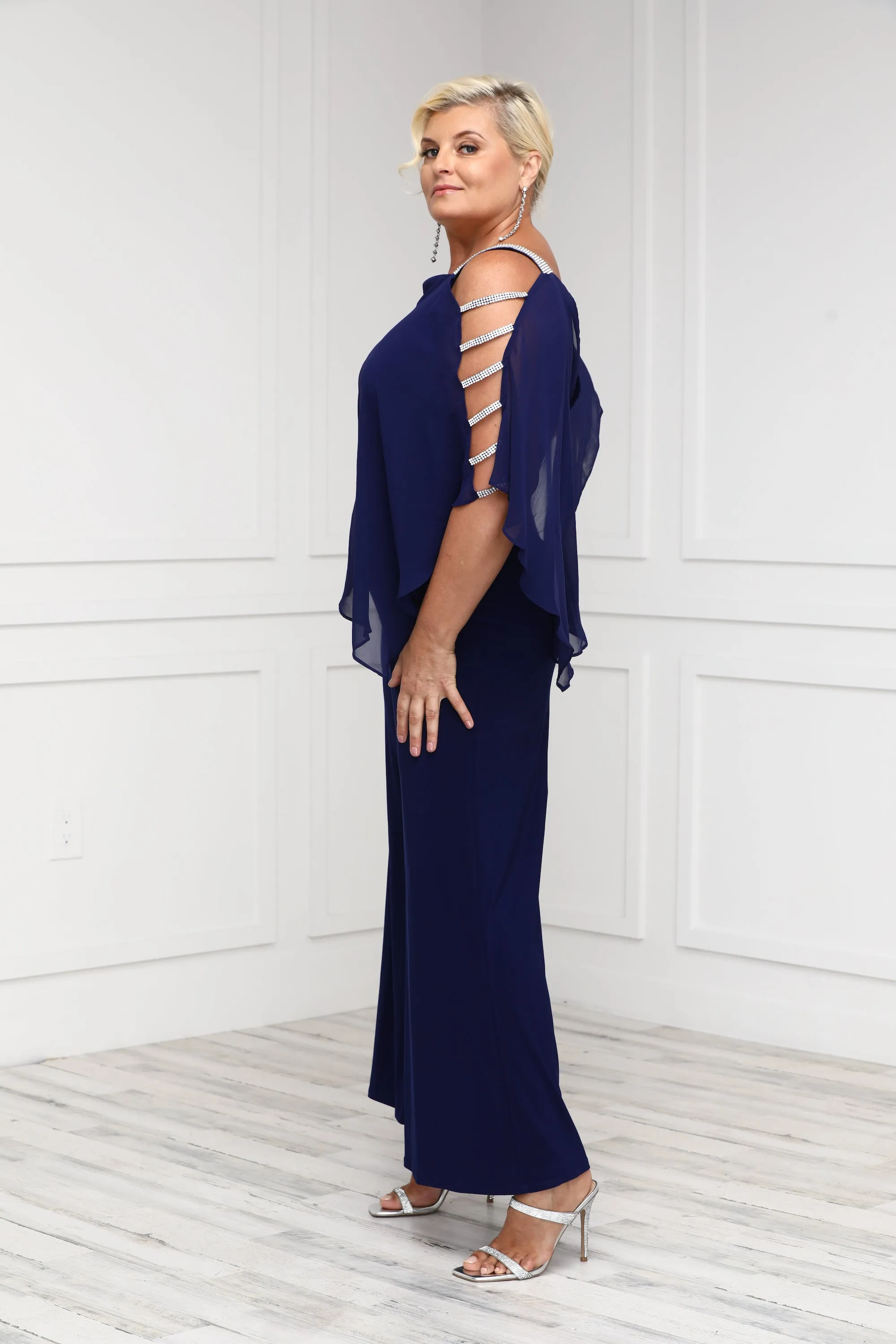 MSK Womens Chiffon Overlay Jumpsuit with Embellished Silver Trim