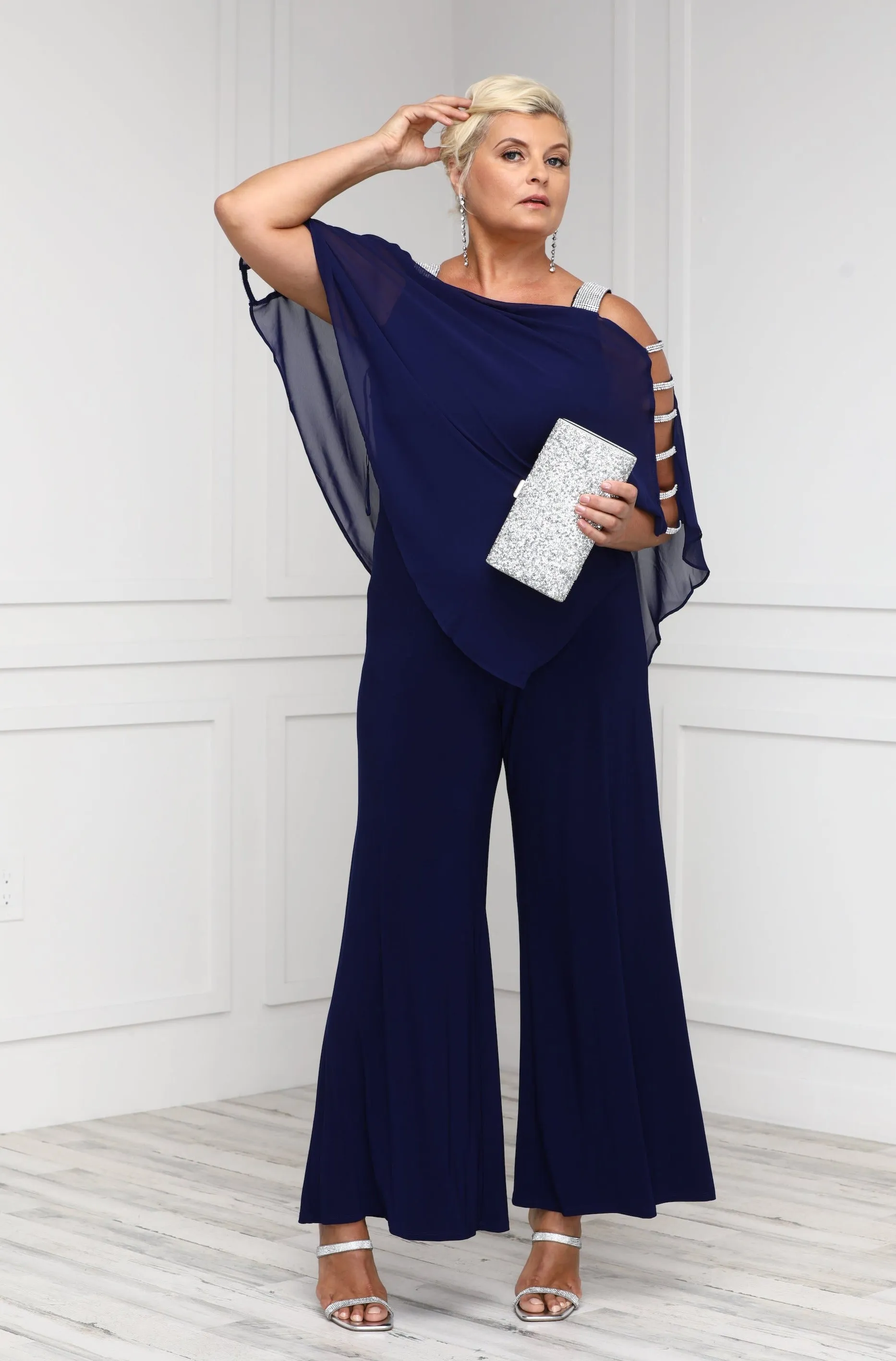 MSK Womens Chiffon Overlay Jumpsuit with Embellished Silver Trim