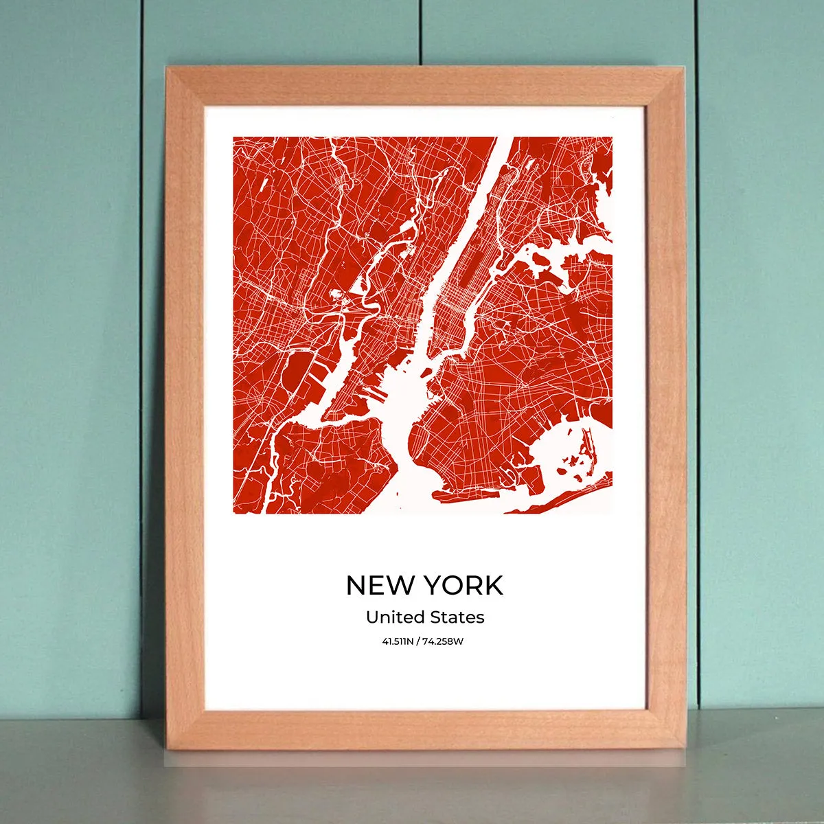 New York City Map Wall Art Poster with Wooden Frame