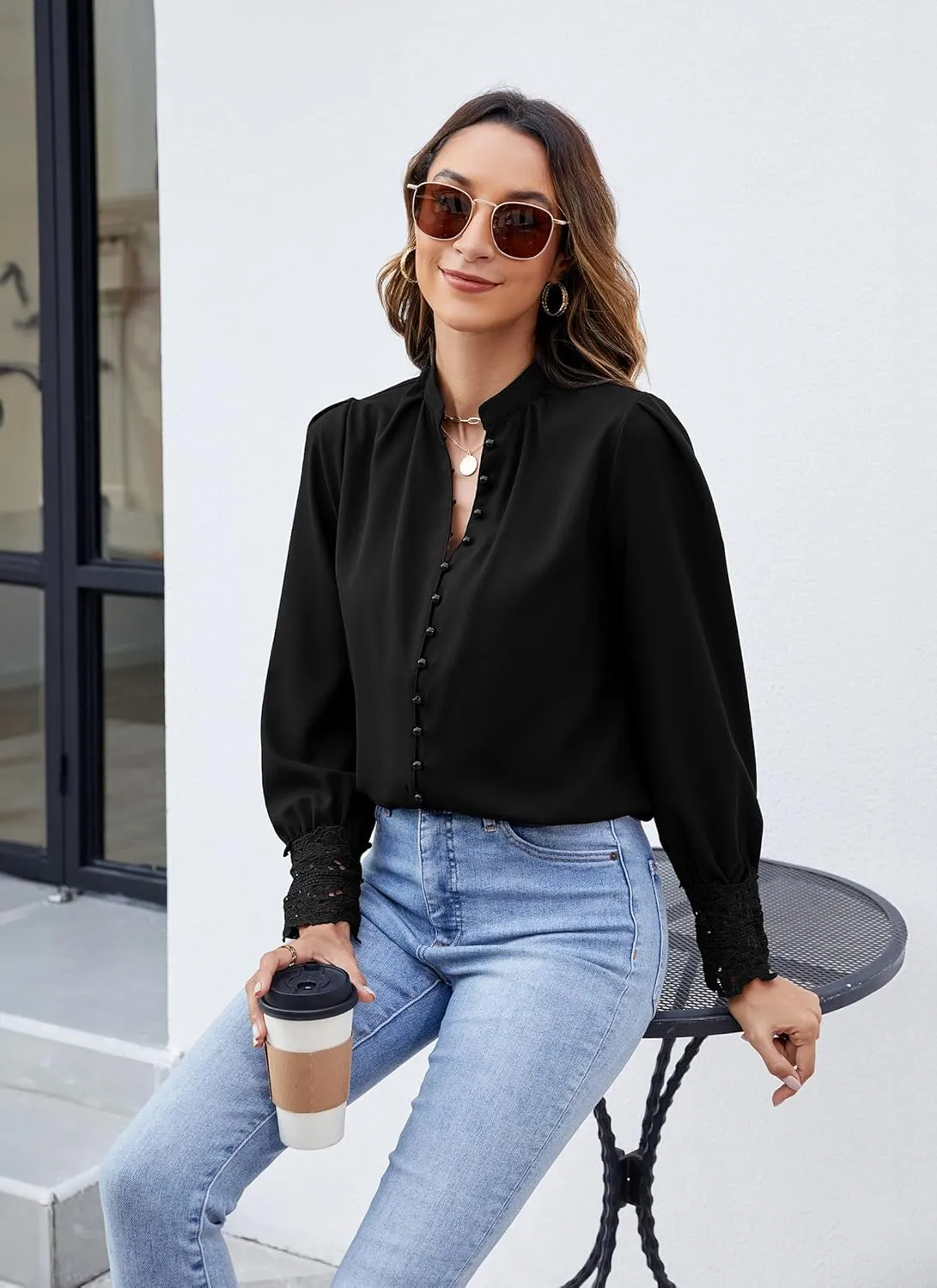 Neweek Womens Button Down Shirts Lace Cuff Long Sleeve Chiffon Dressy Tops Band Collar Fall Business Casual Blouses 2025