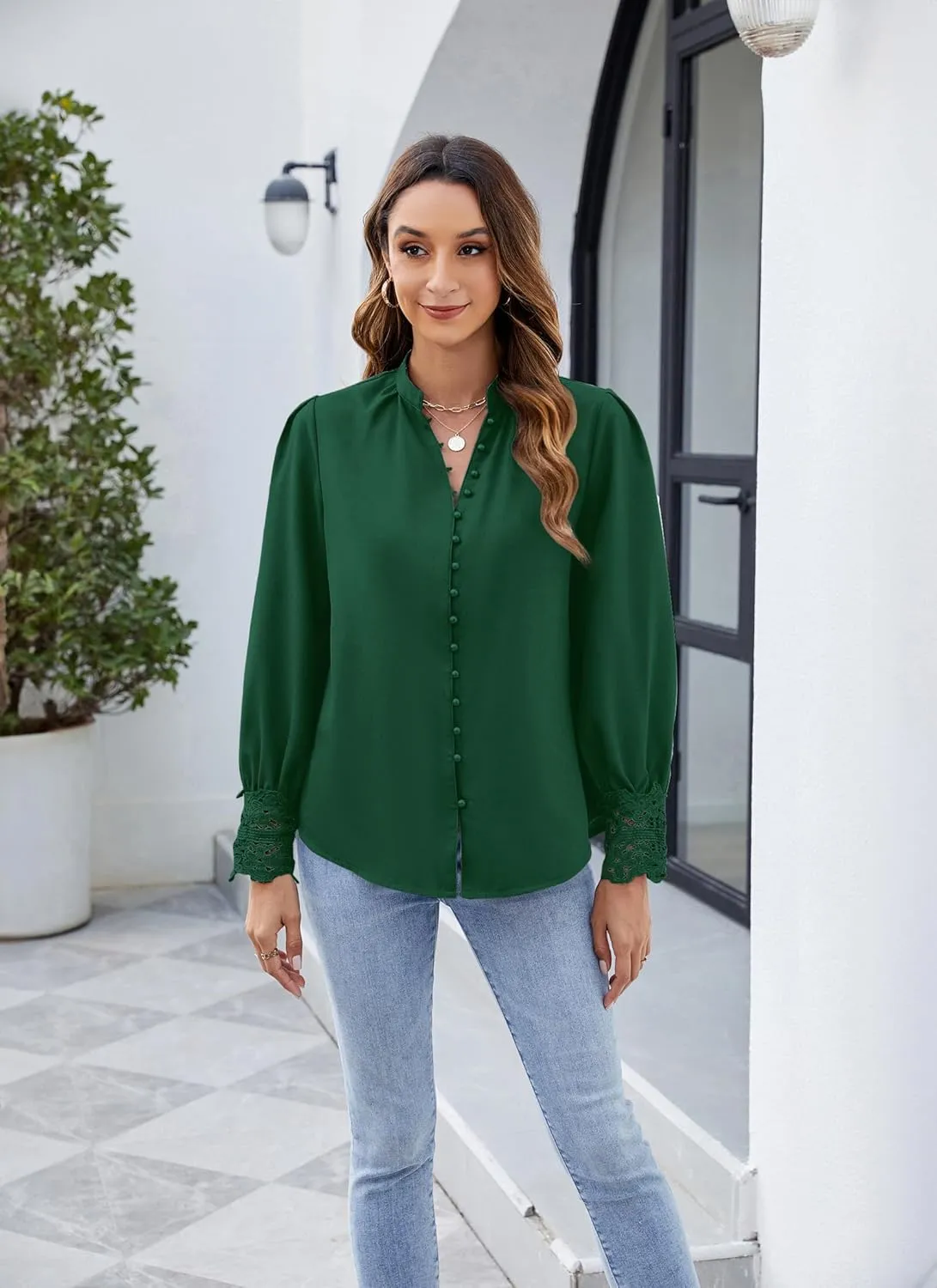 Neweek Womens Button Down Shirts Lace Cuff Long Sleeve Chiffon Dressy Tops Band Collar Fall Business Casual Blouses 2025