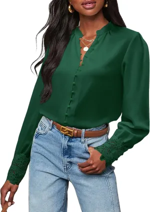 Neweek Womens Button Down Shirts Lace Cuff Long Sleeve Chiffon Dressy Tops Band Collar Fall Business Casual Blouses 2025
