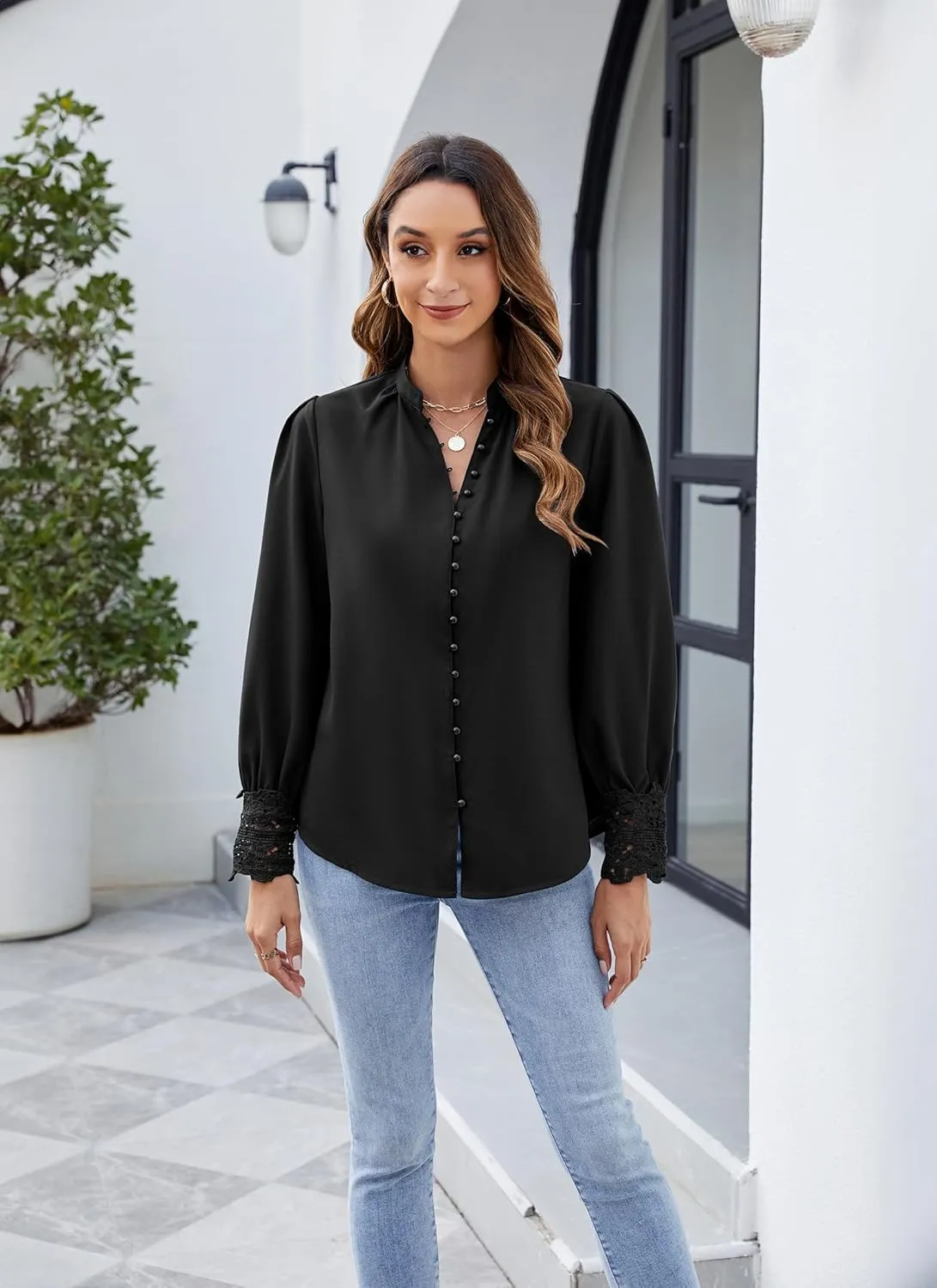 Neweek Womens Button Down Shirts Lace Cuff Long Sleeve Chiffon Dressy Tops Band Collar Fall Business Casual Blouses 2025