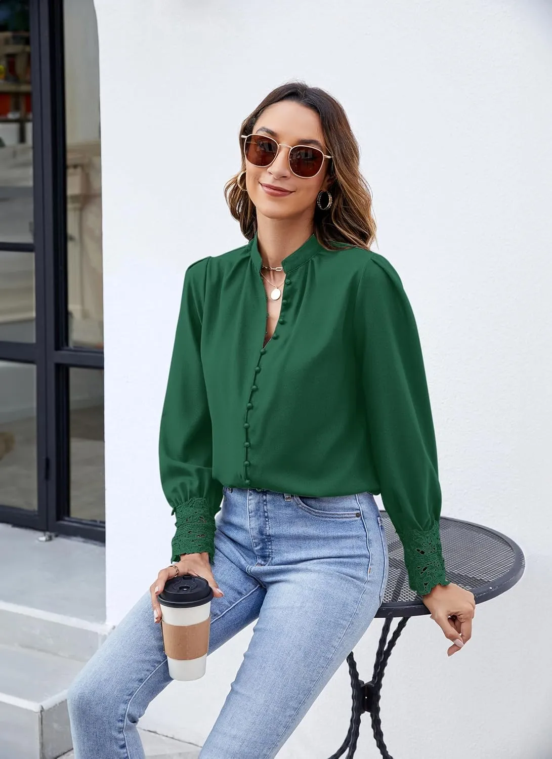 Neweek Womens Button Down Shirts Lace Cuff Long Sleeve Chiffon Dressy Tops Band Collar Fall Business Casual Blouses 2025