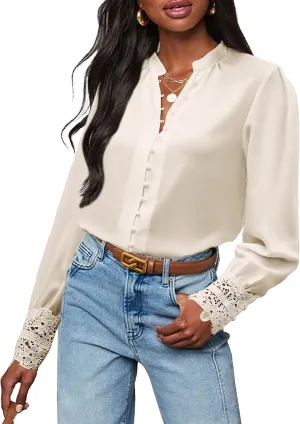 Neweek Womens Button Down Shirts Lace Cuff Long Sleeve Chiffon Dressy Tops Band Collar Fall Business Casual Blouses 2025