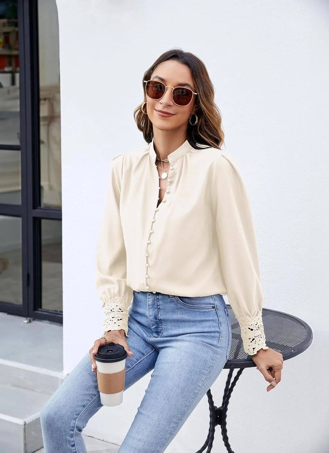 Neweek Womens Button Down Shirts Lace Cuff Long Sleeve Chiffon Dressy Tops Band Collar Fall Business Casual Blouses 2025