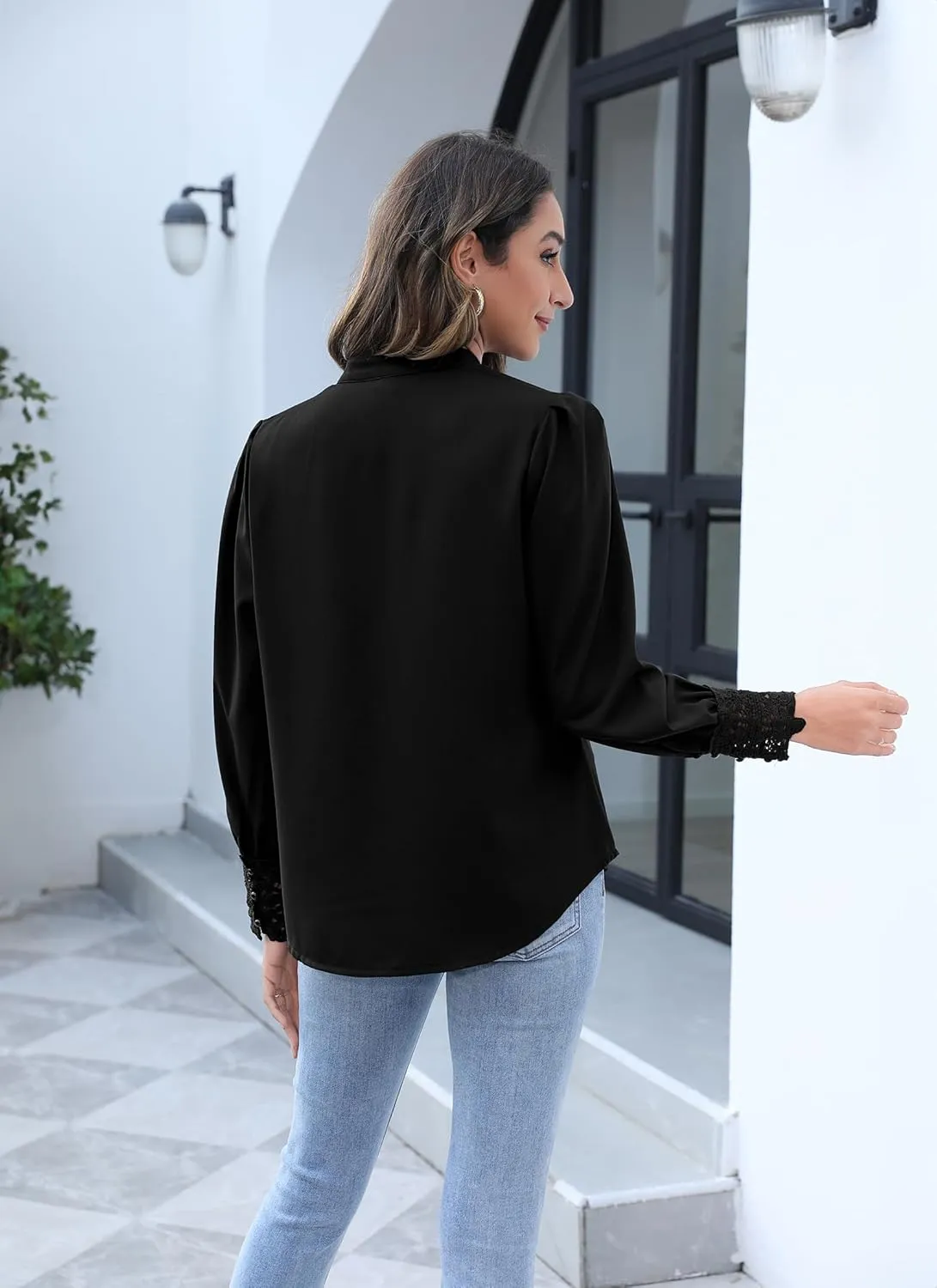 Neweek Womens Button Down Shirts Lace Cuff Long Sleeve Chiffon Dressy Tops Band Collar Fall Business Casual Blouses 2025