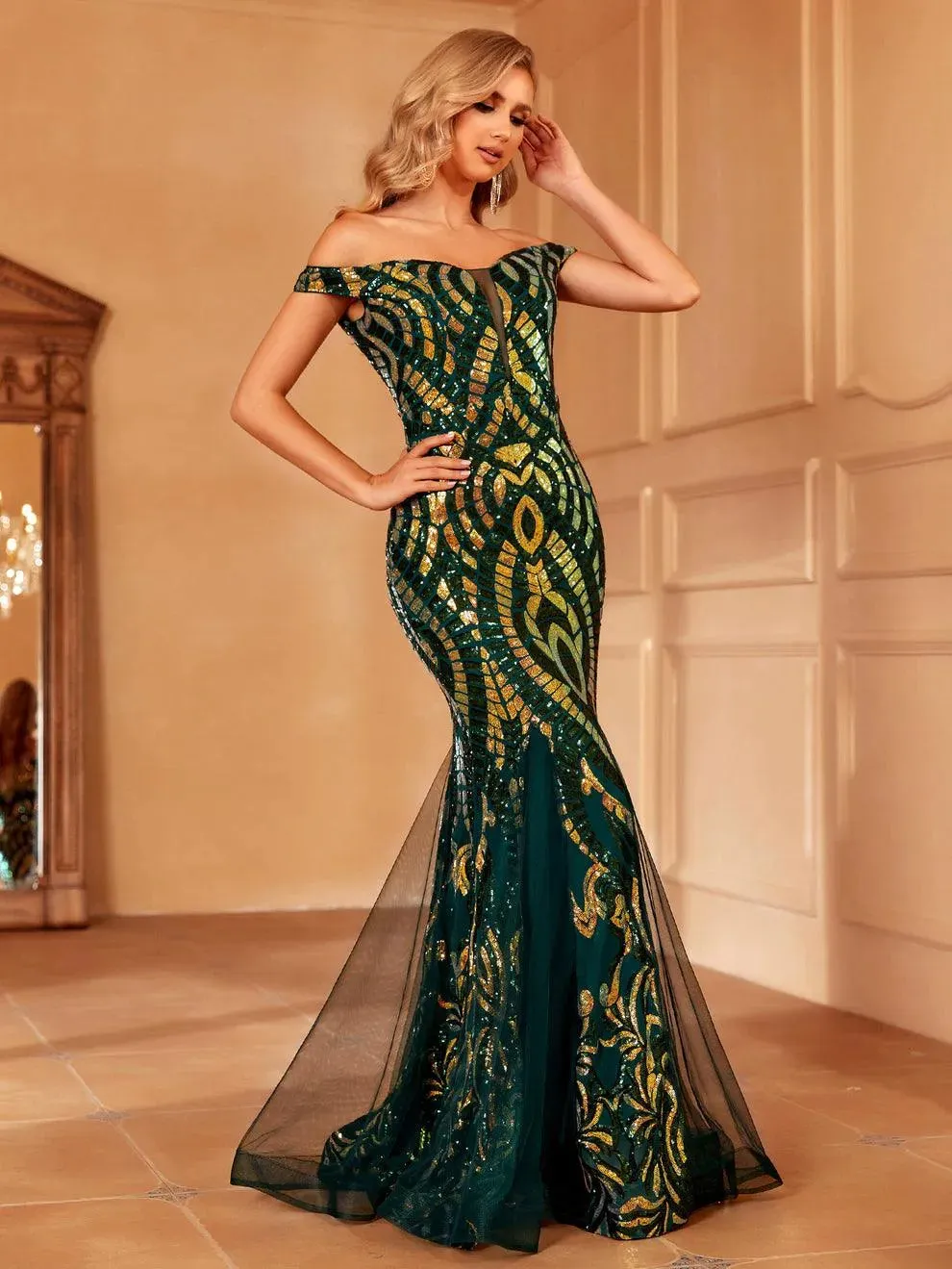 Off Shoulder Sequin Mermaid Dress