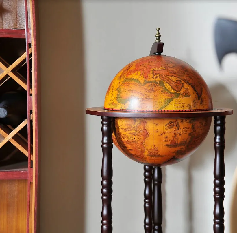Old World Slender Floor-Standing Base Shelf Globe Bar