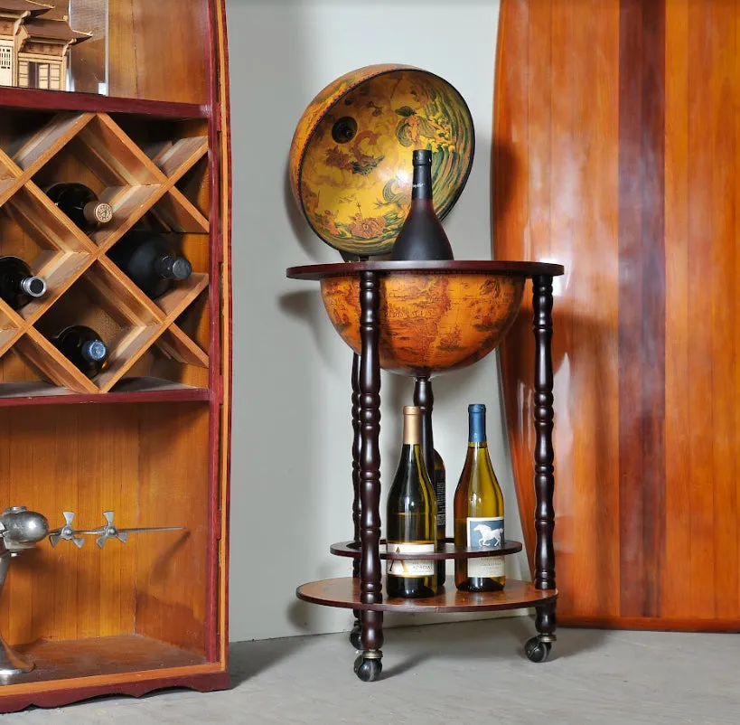 Old World Slender Floor-Standing Base Shelf Globe Bar
