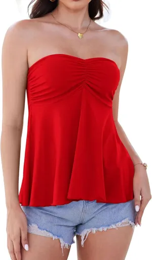 Pima Cotton Tube Tops for Women Summer Strapless Sweetheart Neck Shirts Flowy Ruffle Hem Cute Going Out Bandeau