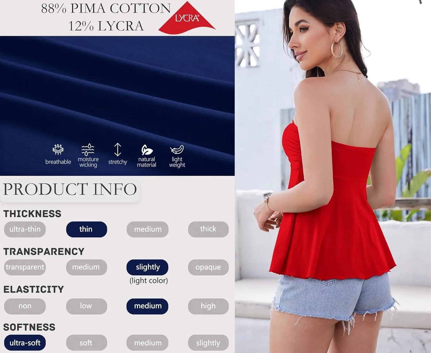 Pima Cotton Tube Tops for Women Summer Strapless Sweetheart Neck Shirts Flowy Ruffle Hem Cute Going Out Bandeau
