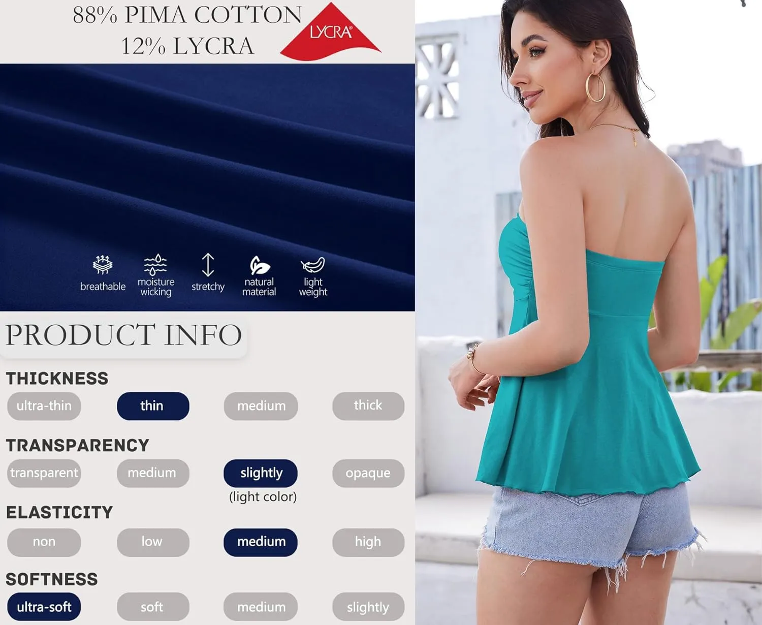 Pima Cotton Tube Tops for Women Summer Strapless Sweetheart Neck Shirts Flowy Ruffle Hem Cute Going Out Bandeau
