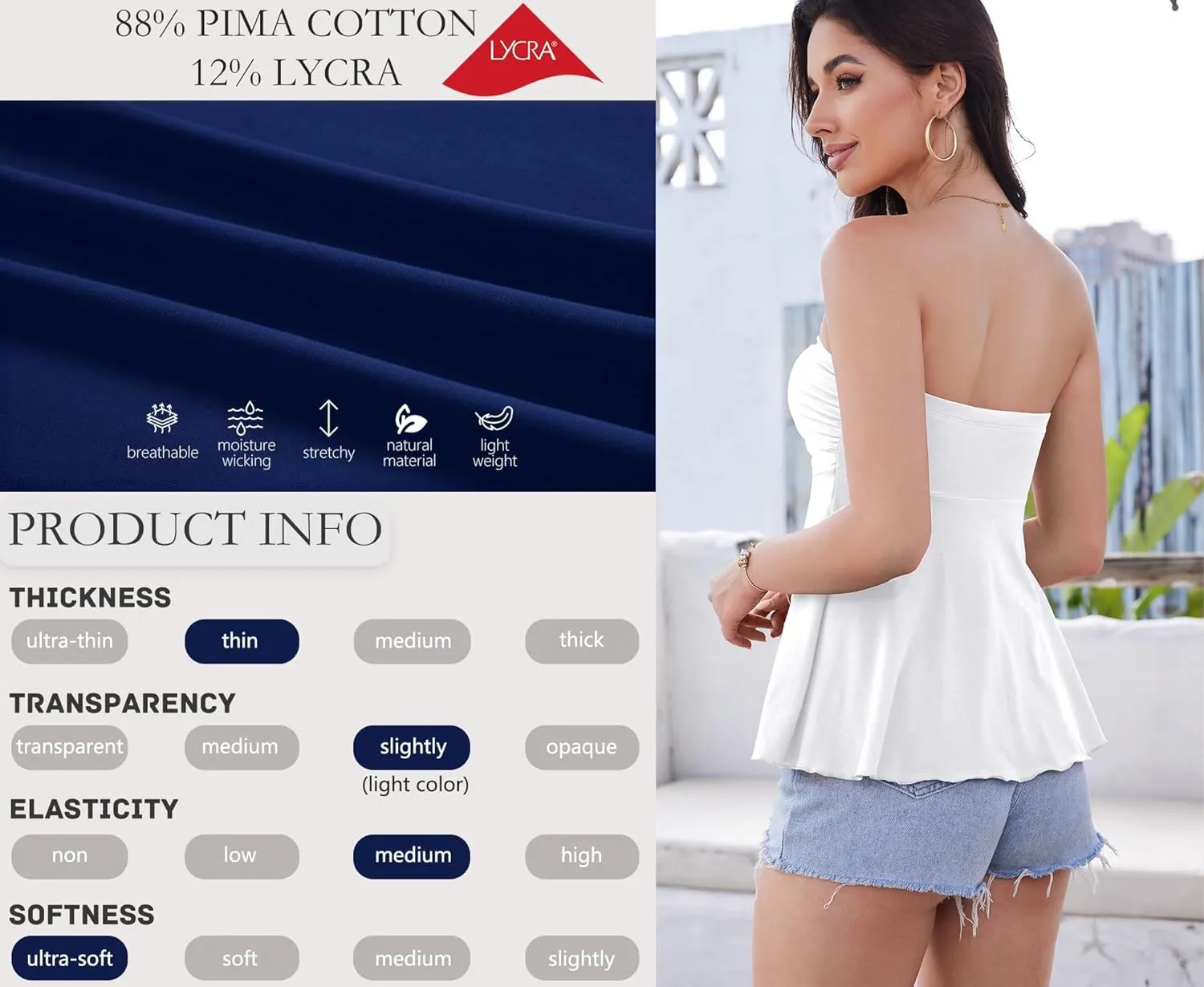 Pima Cotton Tube Tops for Women Summer Strapless Sweetheart Neck Shirts Flowy Ruffle Hem Cute Going Out Bandeau
