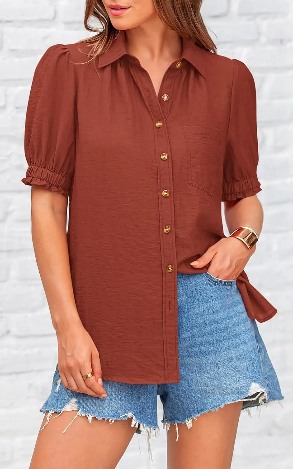 PRETTYGARDEN Womens Summer Short Sleeve Button Down Shirts V Neck Collared Casual Blouse Tops with Pockets