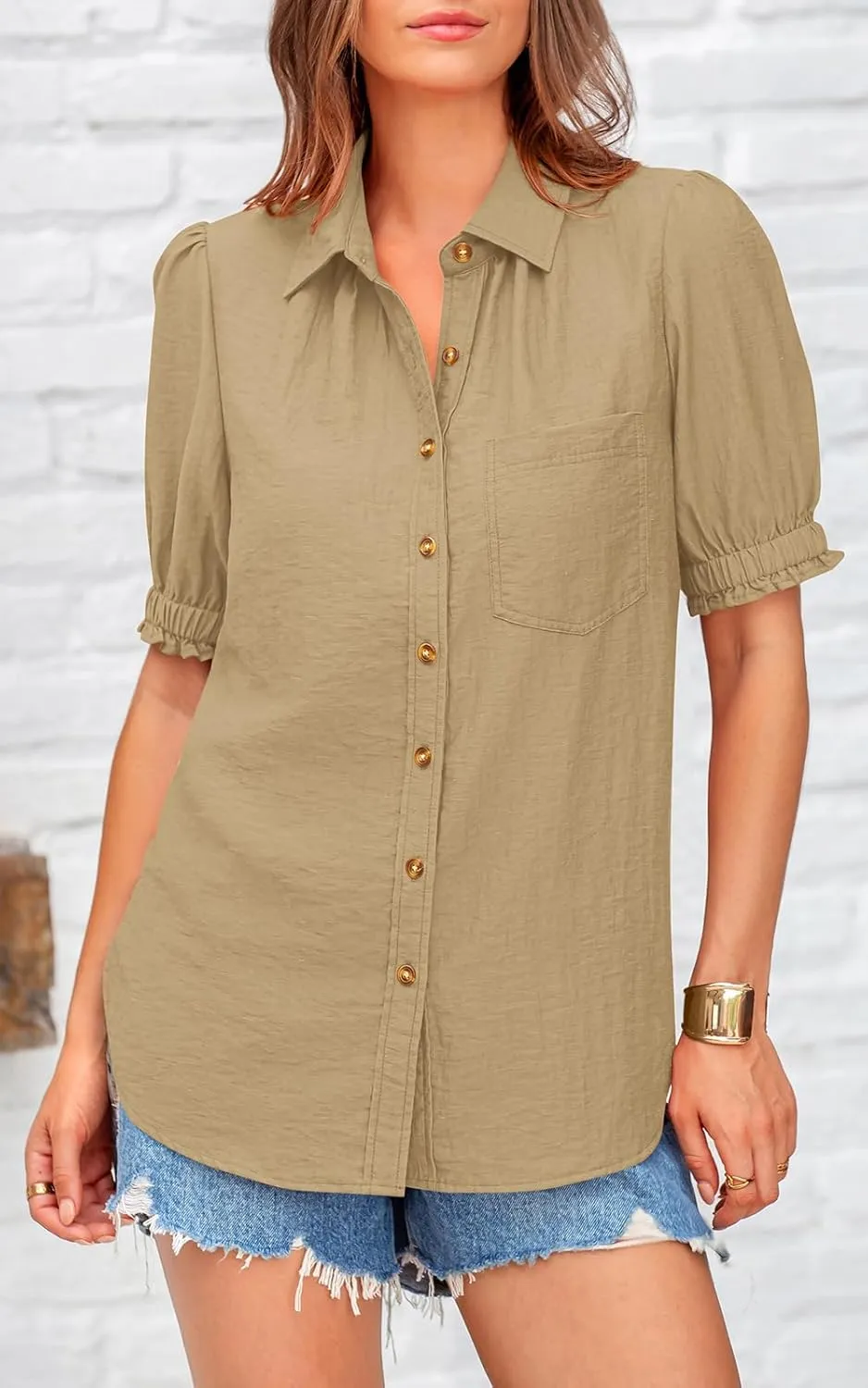 PRETTYGARDEN Womens Summer Short Sleeve Button Down Shirts V Neck Collared Casual Blouse Tops with Pockets